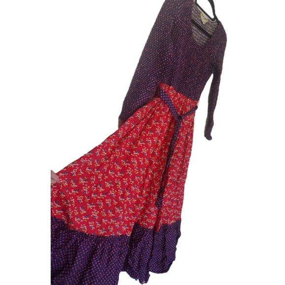 Vintage 70s Denise Are There Prairie Floral Maxi Dress Blue & Red Ruffled  M / L - Picture 5 of 16